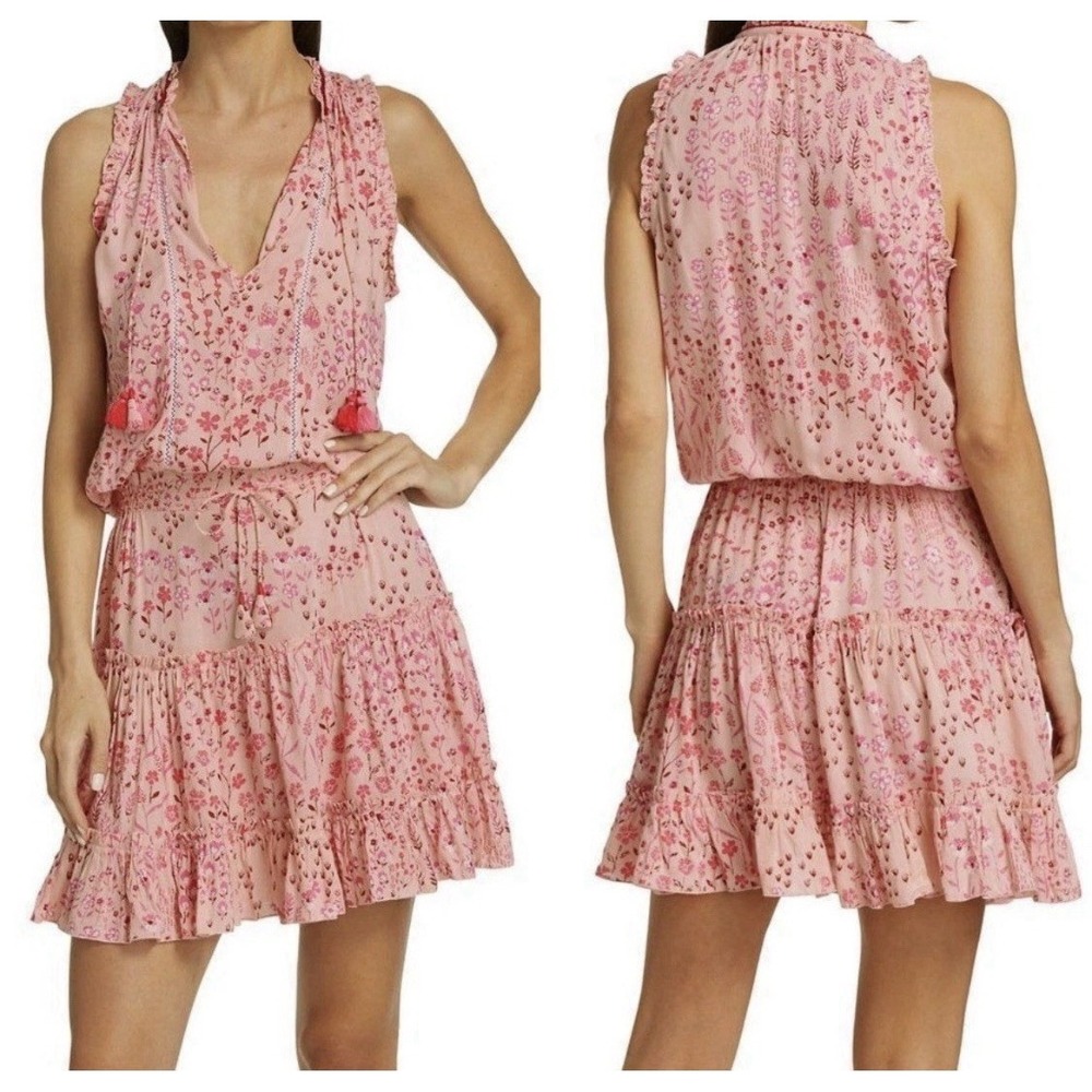 Poupette St Barth Clara‎ Pink Floral Print Mini Dress Pom Poms Size Large